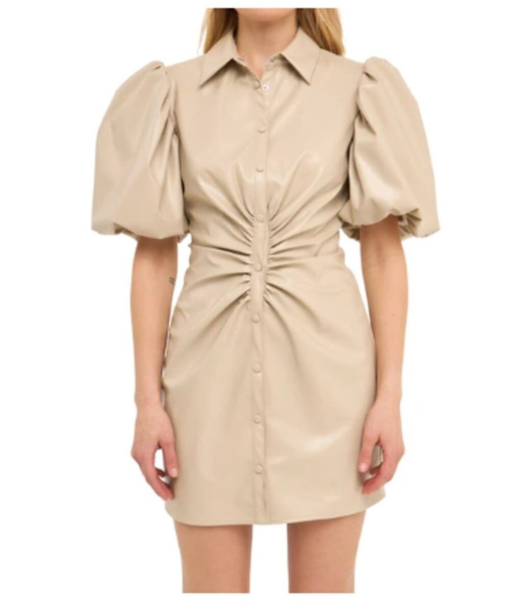ENDLESS ROSE Nordstorm Dress MEDIUM Vegan Leather Taupe Mini Dress Puff Sleeve